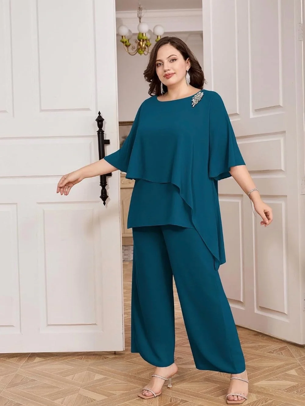 NWT Hanna Nikole Plus Size Teal Layered Wide-Leg 2 Pc Pant Set Chiffon Formal